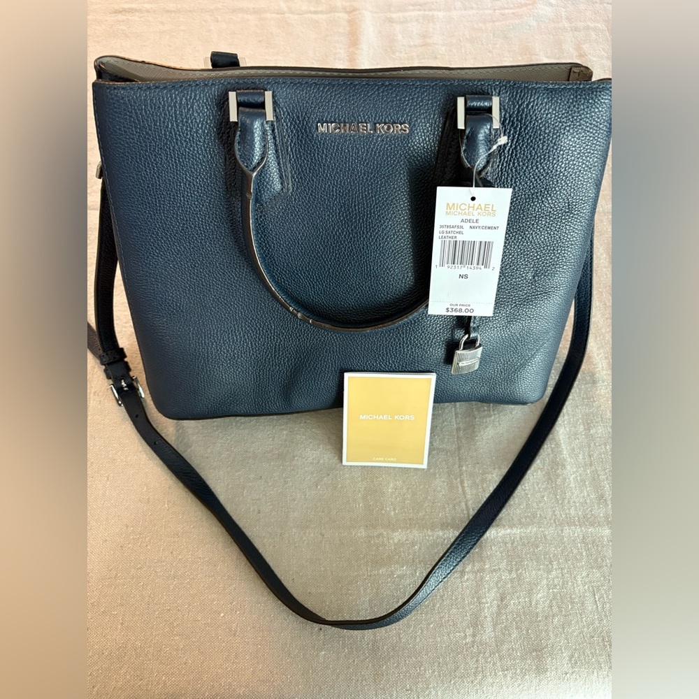 Michael Kors Adele LG Leather Satchel Leather Navy/Cement New With Tags